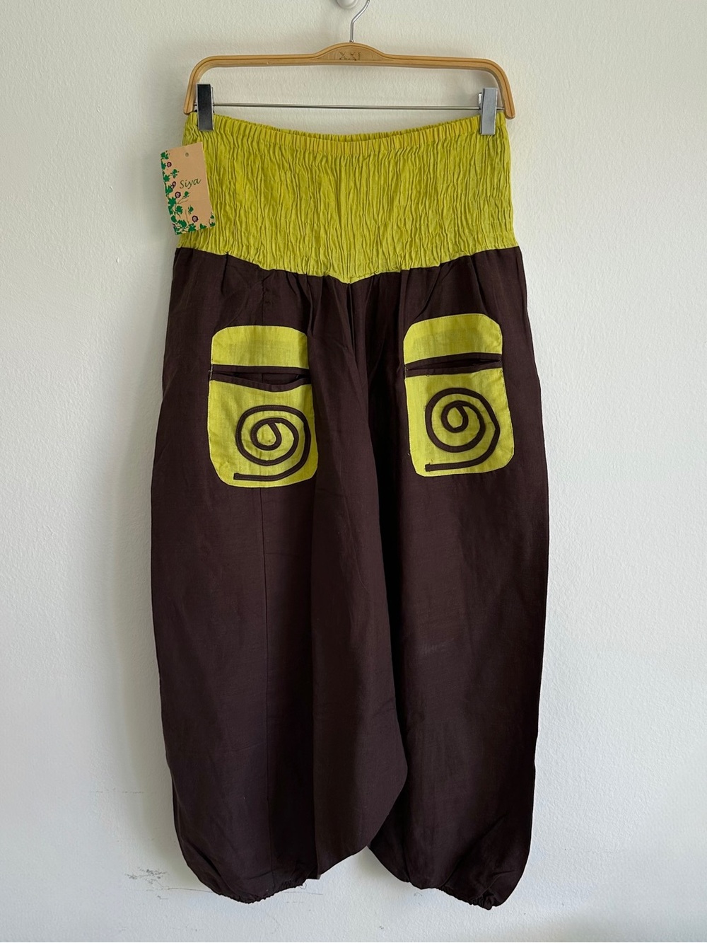 Vintage Siya Harem Pants Boho Hippie Fairy Brown Embroidered Yellow Spiral Euro